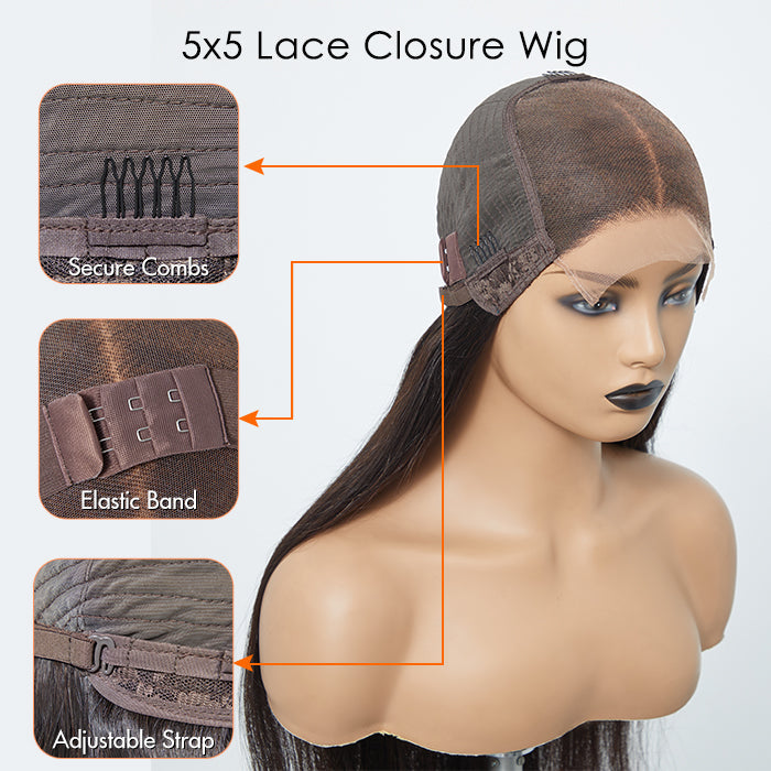180% Density 5x5 Glueless Lace Closure Wig Straight