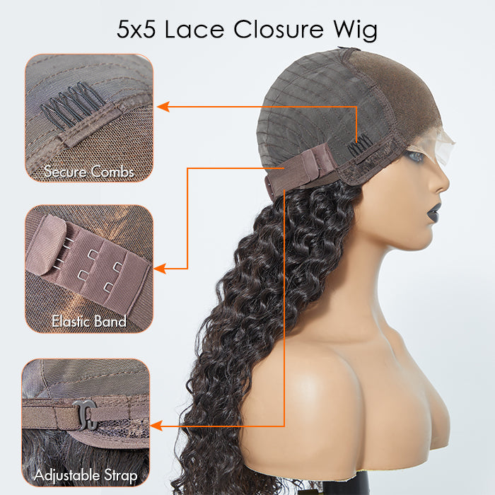 180% Density 5x5 Glueless Lace Closure Wig Deep Wave